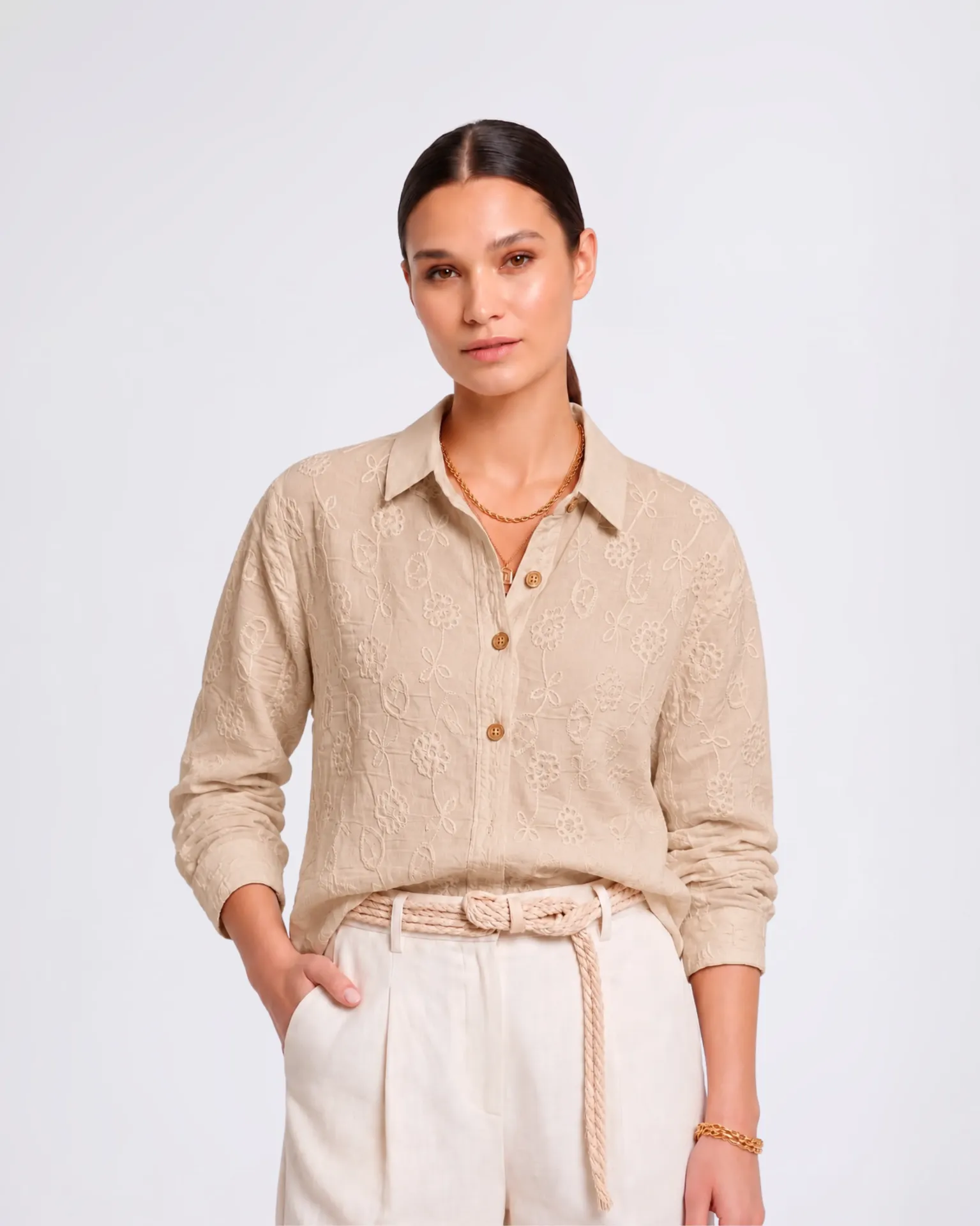 Beige blouse with Floral Embroidery (M)