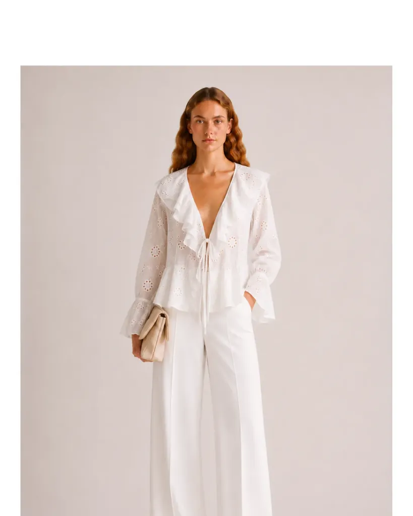 Broderie Anglaise Ruffled Blouse with Tie Detail