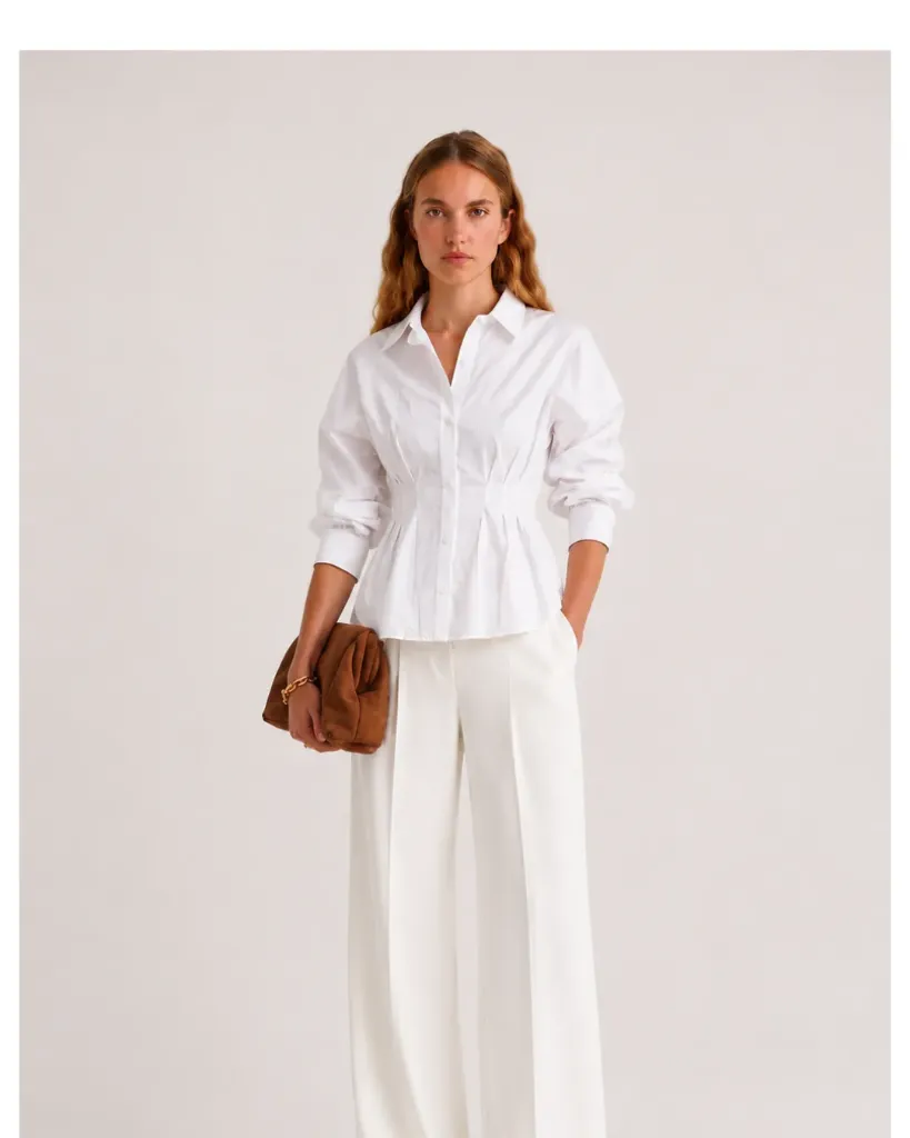 Pleated Waist Long-Sleeve Shirt in Classic White