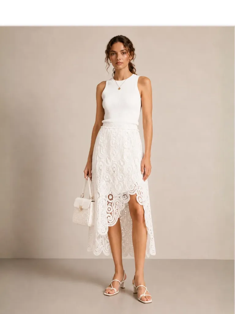 White High-Low Crochet Lace Skirt (S)