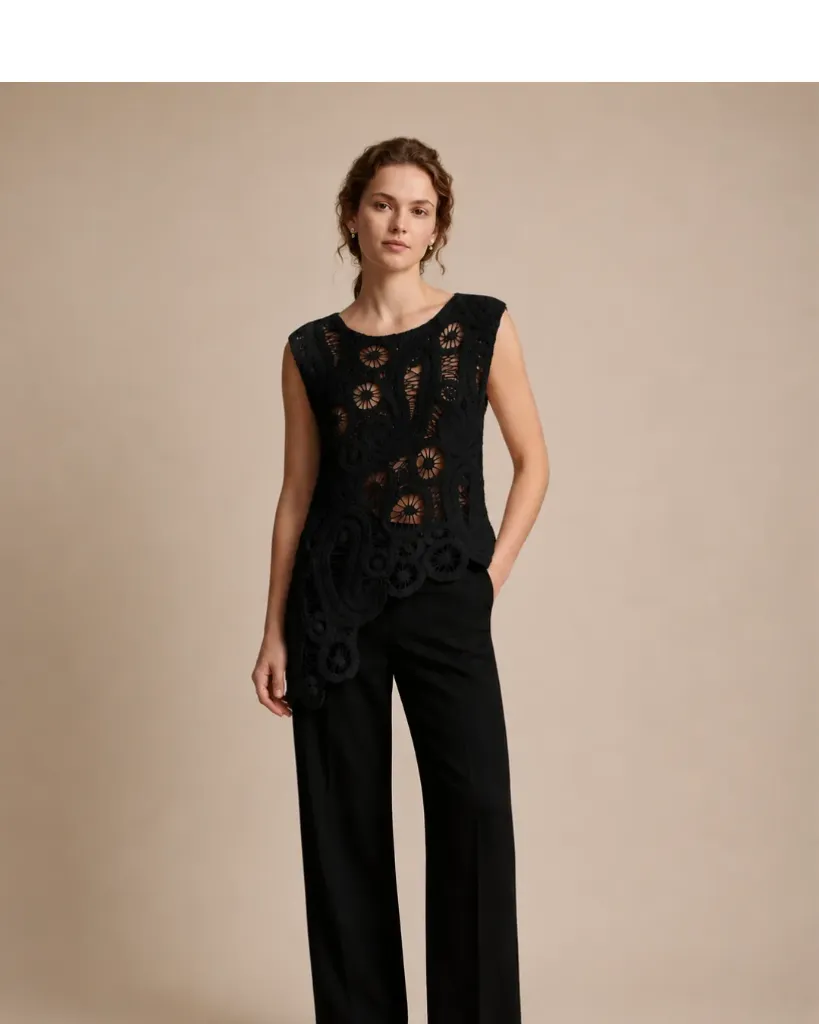 Black Scalloped Hem Crochet Blouse
