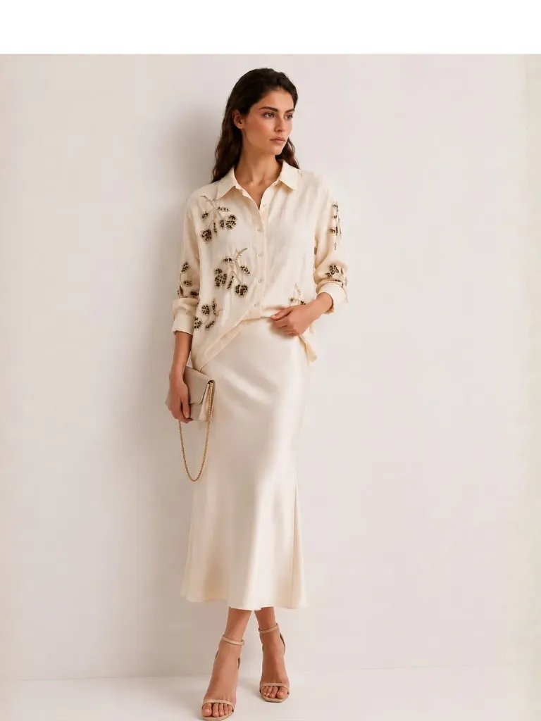 Cream Oversized Shirt with Black Sequin Detail