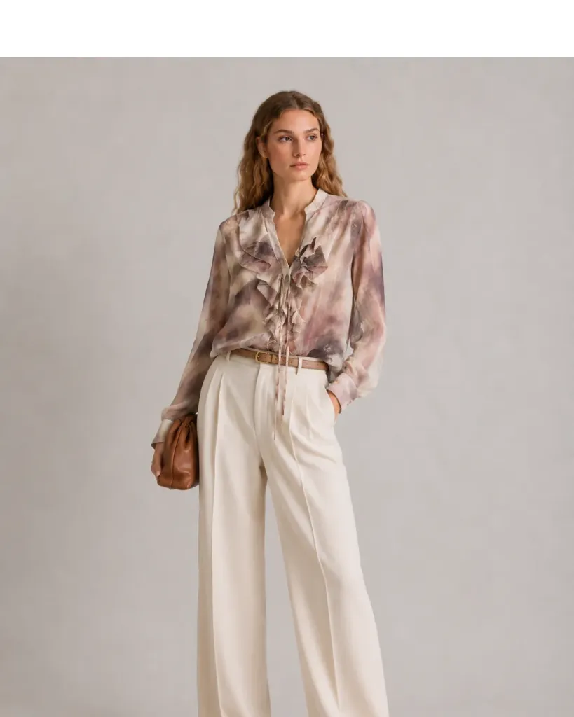 Watercolor Print Ruffle Front Blouse (S)