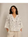 White Artisan Embroidered Button Front Blouse