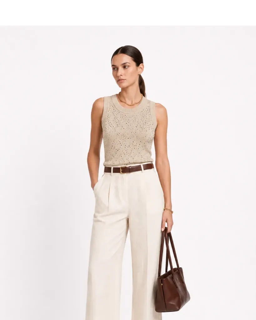 Beige Rhinestone Ribbed Top