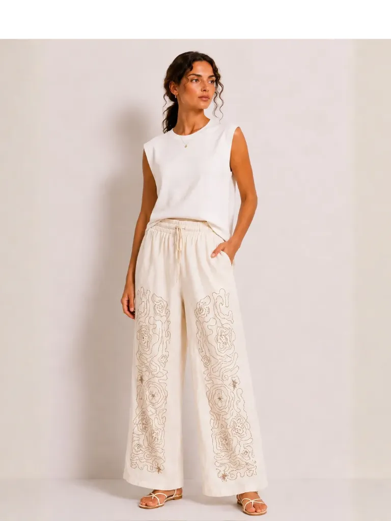 Ivory Studded Wide Leg Trousers (S)