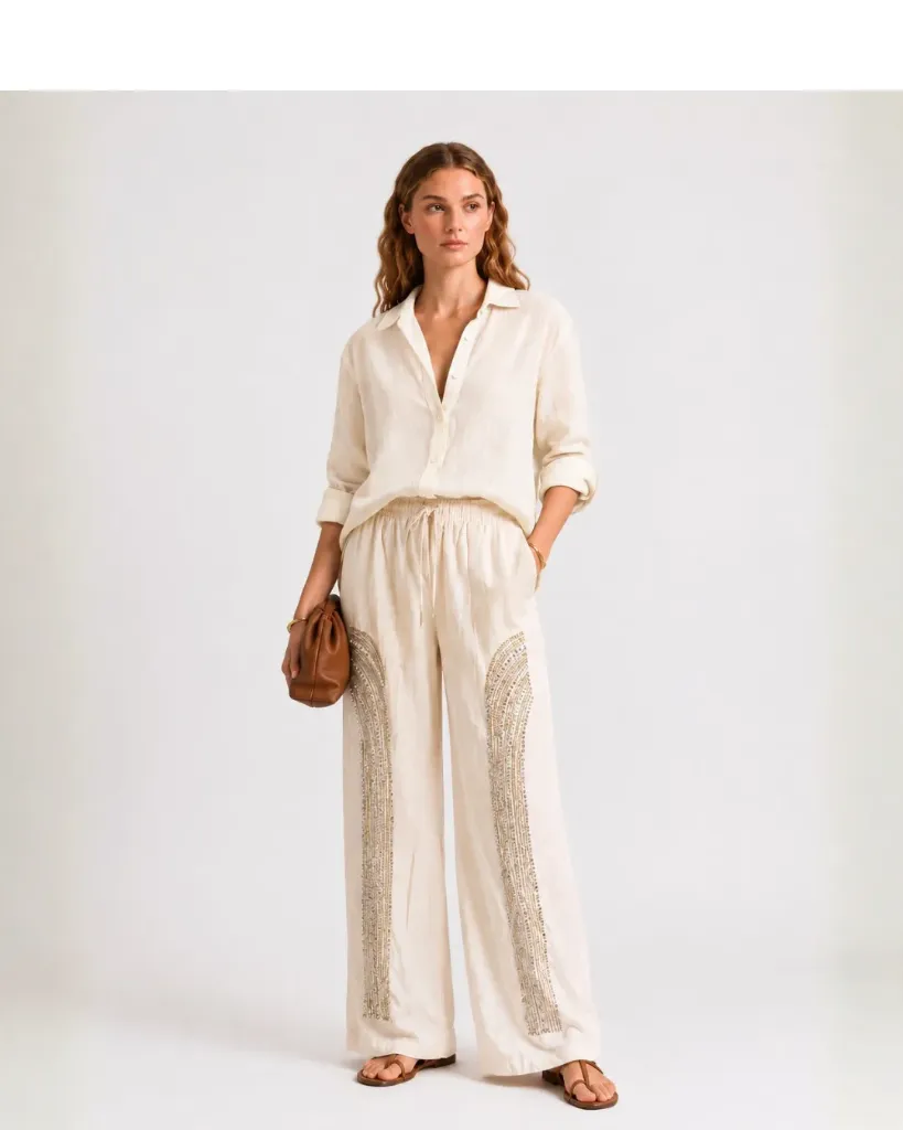 Embellished Wide Leg Pants with Sequin Trim