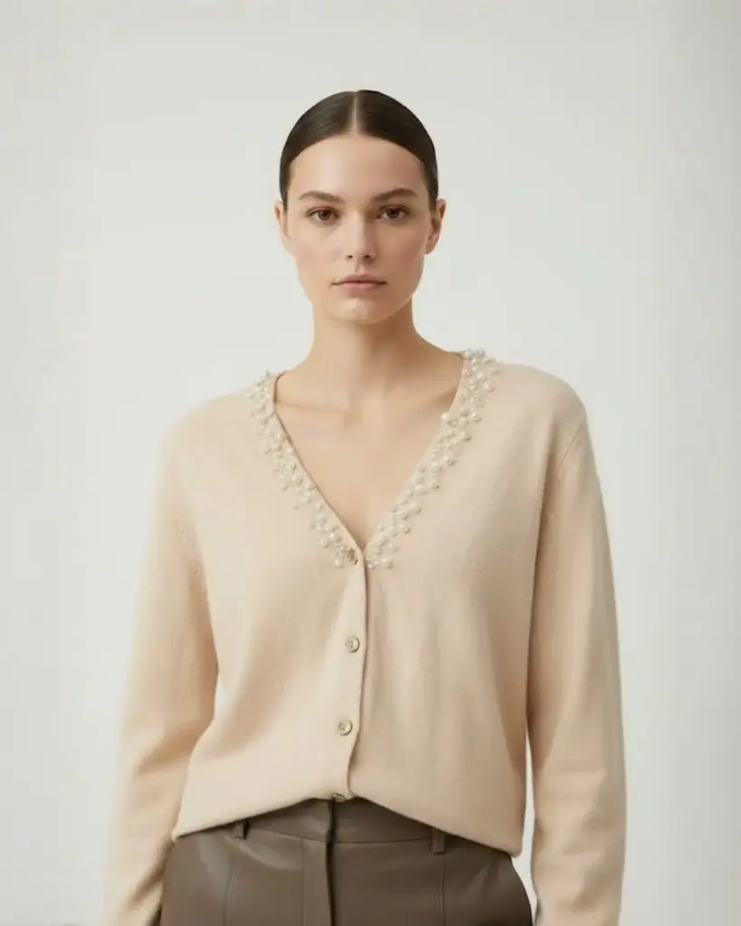Elegant V-Neck Cardigan (Open Knit) with Pearl Embellishment