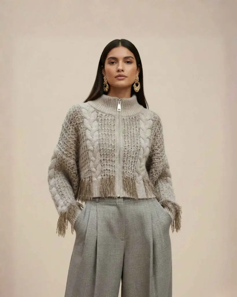 Cropped Cable Knit Cardigan with Fringe Details and Zipper