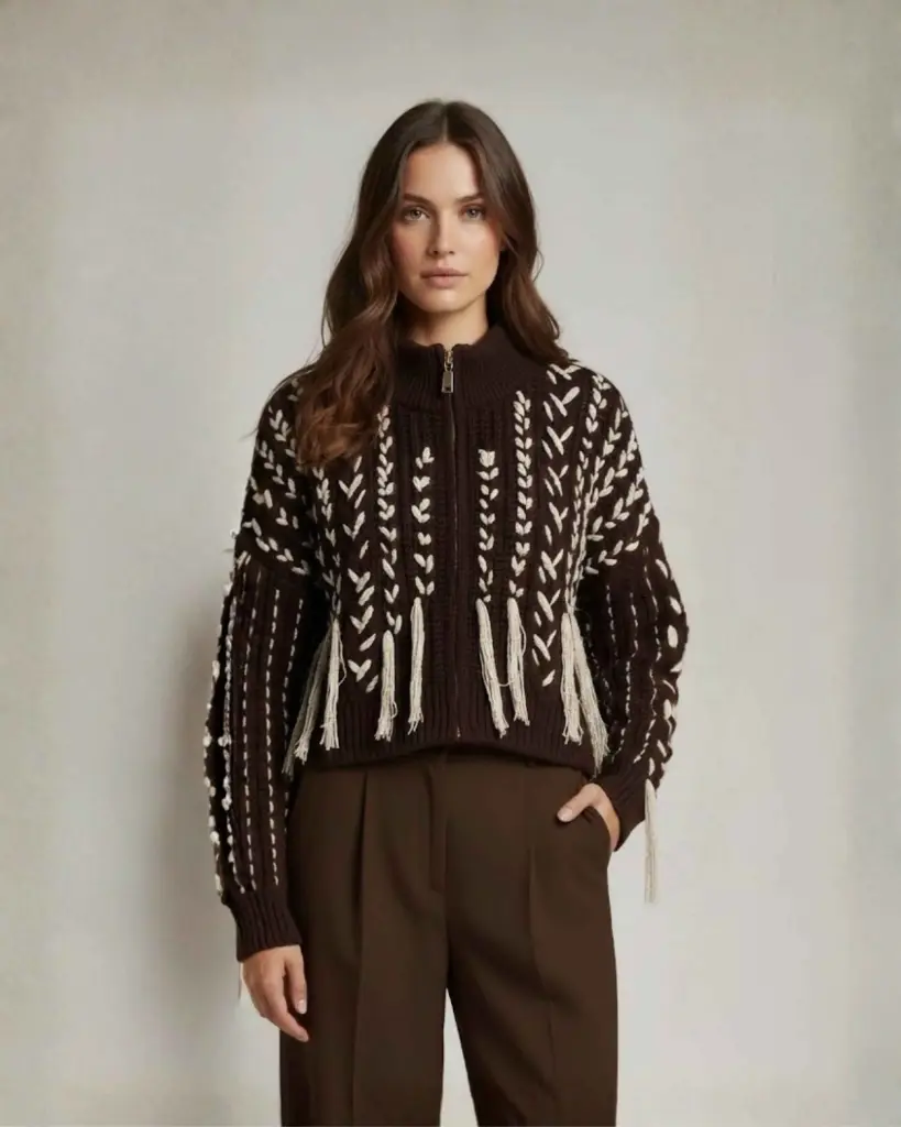 Cropped Jacket with Double Cable Knit and Fringe