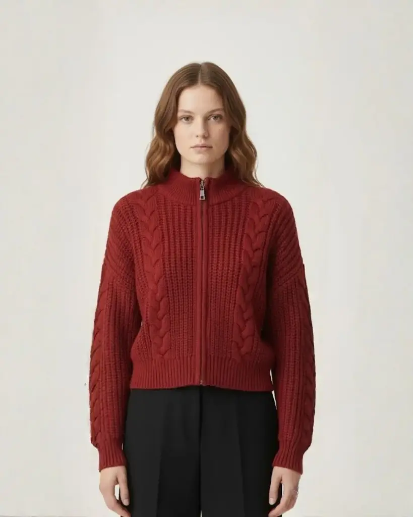 Burgundy Cable Knit Zip-Up Jacket