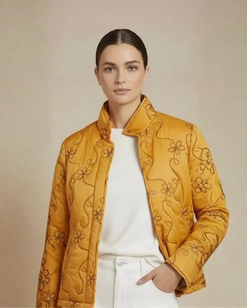 Mustard Floral Embroidered Puffer Jacket