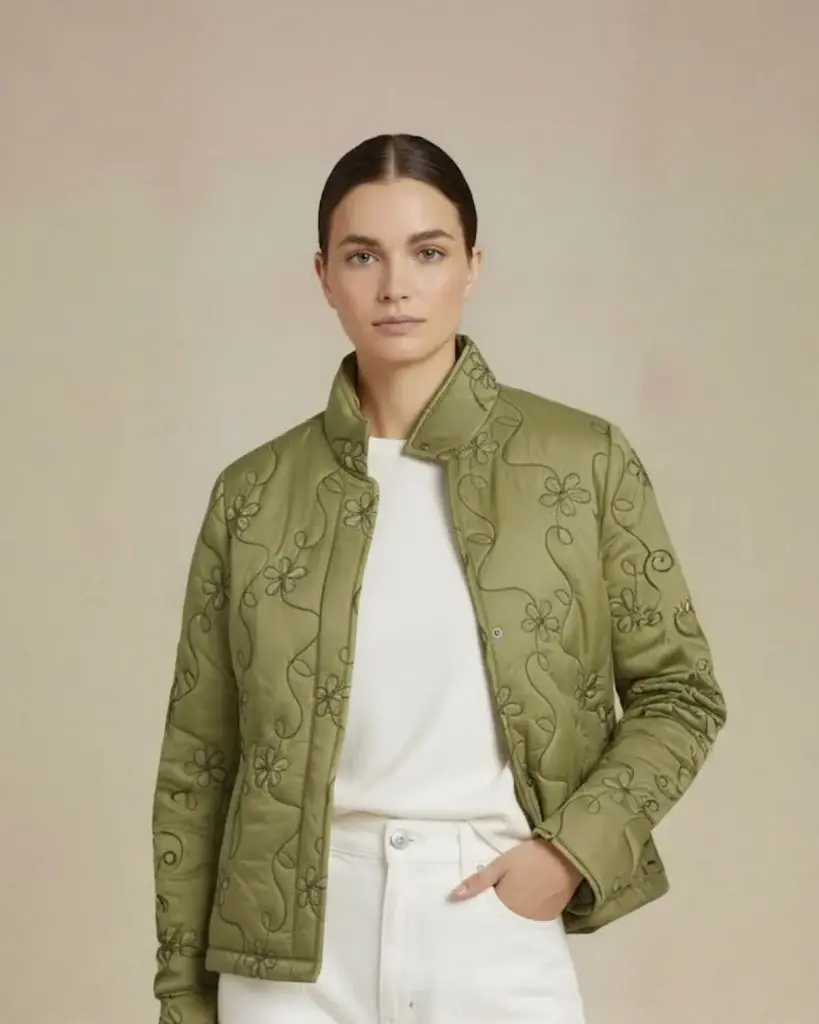 Luxury Olive Green Quilted Jacket with Floral Embroidery