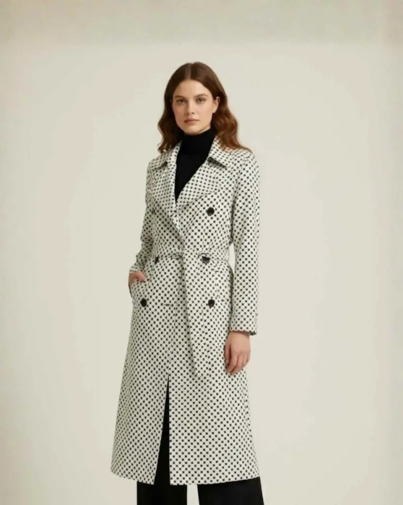 Long white coat with black polka dots