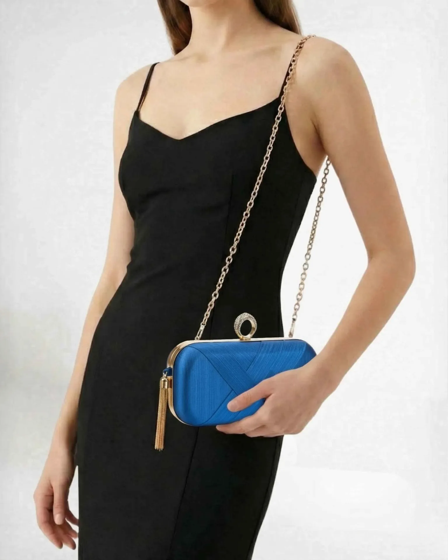 Royal Blue Satin Clutch with Crystal Ring Clasp