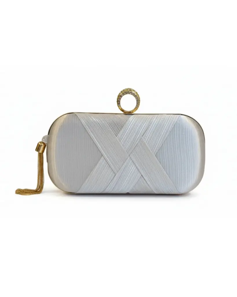 Silver Satin Clutch with Crystal Ring Clasp
