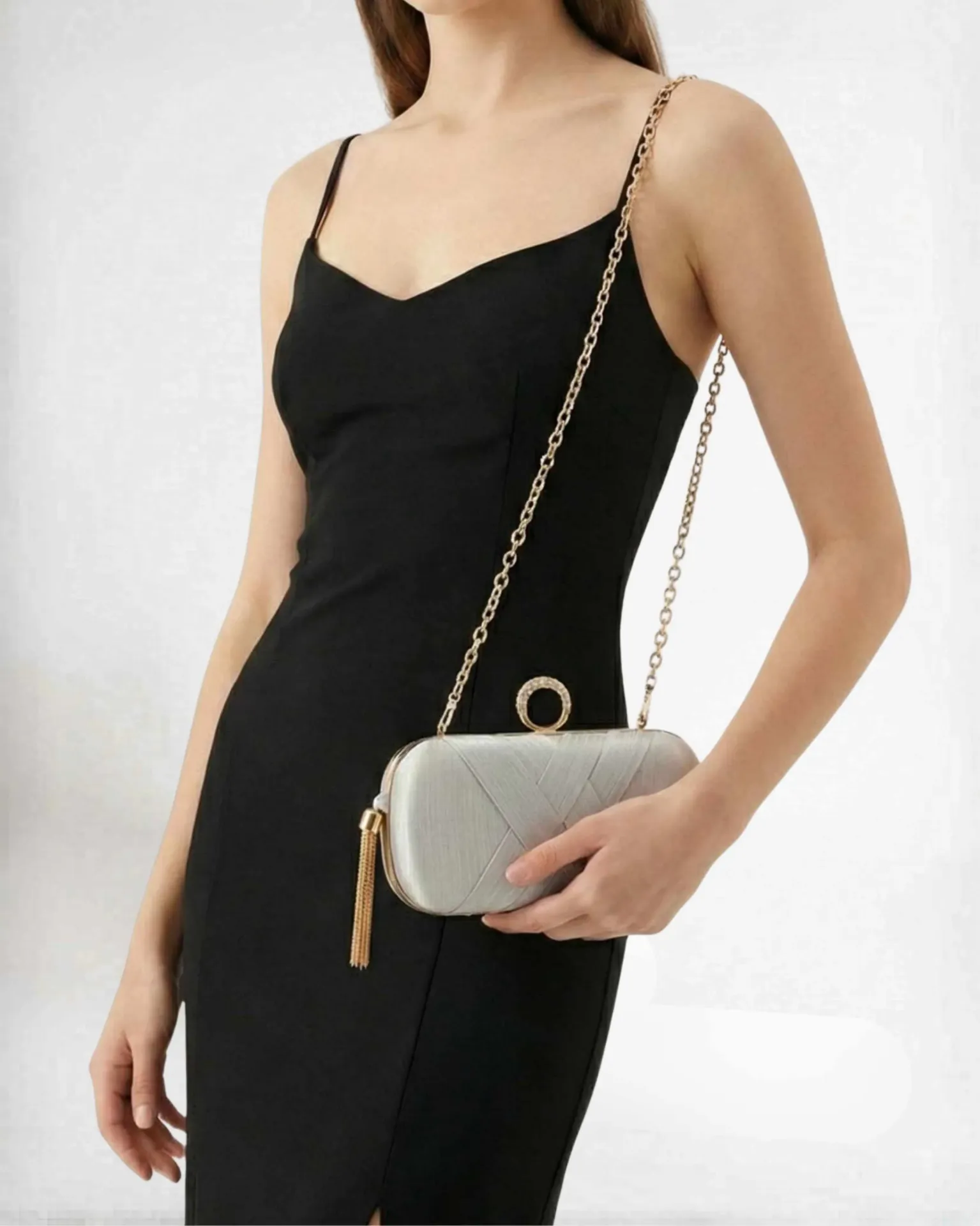 Silver Satin Clutch with Crystal Ring Clasp