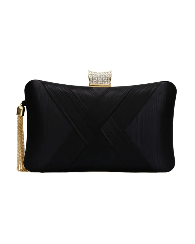 Midnight Black Satin Clutch with Crystal Ring Clasp