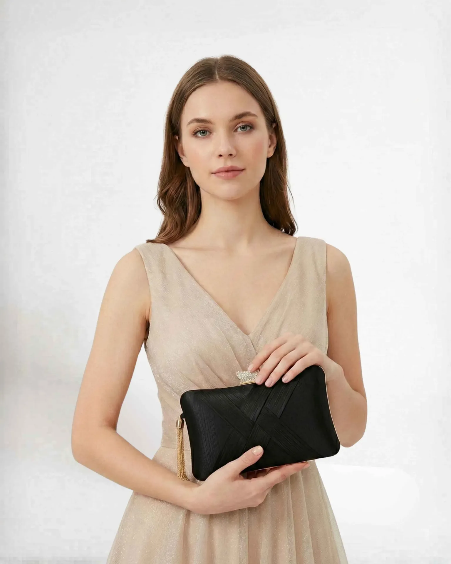 Midnight Black Satin Clutch with Crystal Ring Clasp