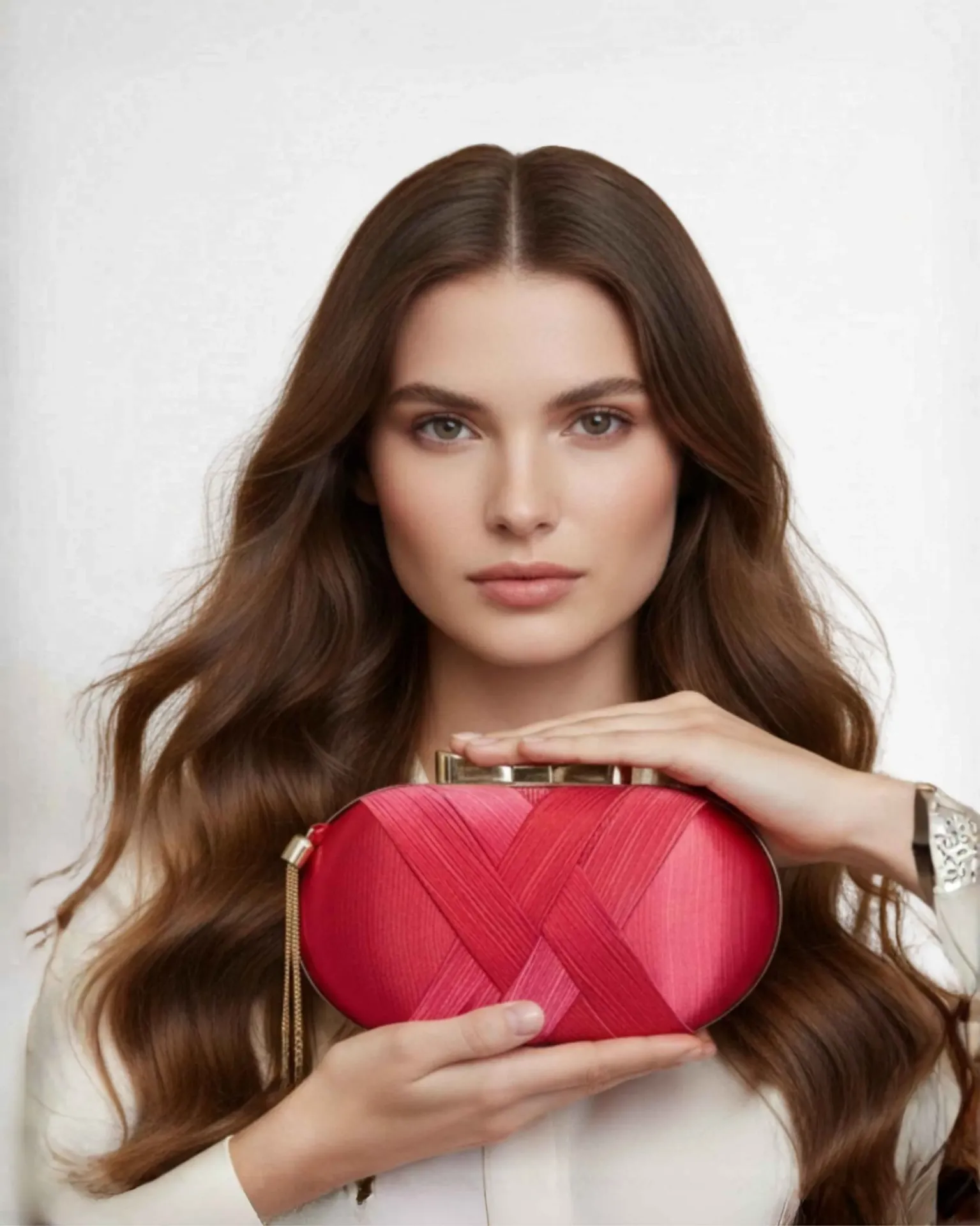 Red Satin Clutch with Crystal Ring Clasp