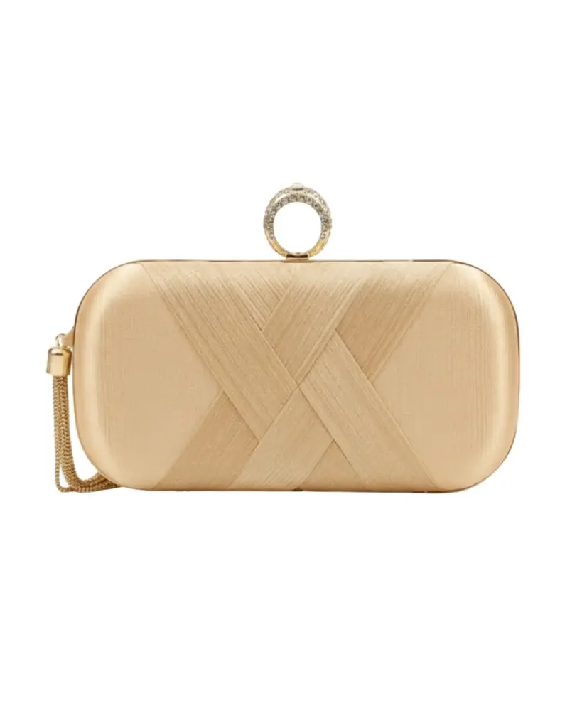 Champagne Gold Satin Clutch with Crystal Ring Clasp