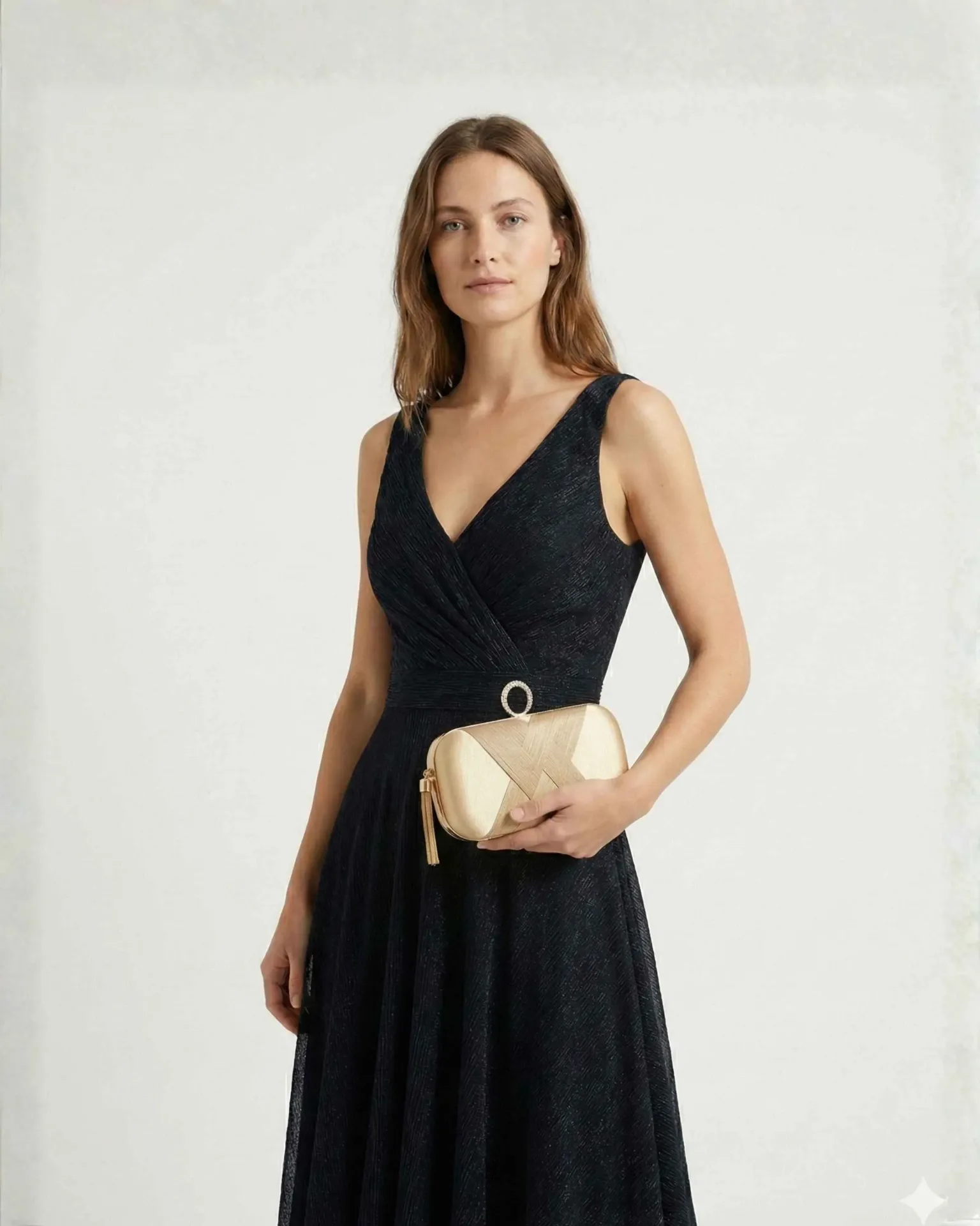 Champagne Gold Satin Clutch with Crystal Ring Clasp