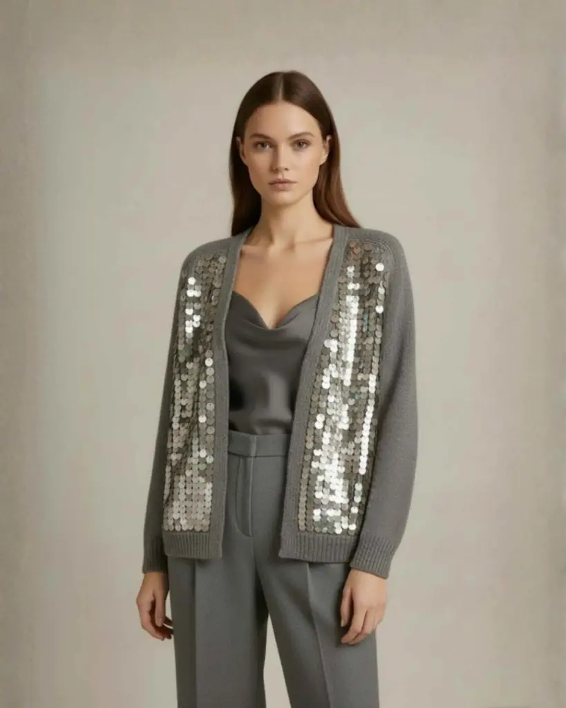  Modern Open-Front Cardigan with Shimmering Sequin 