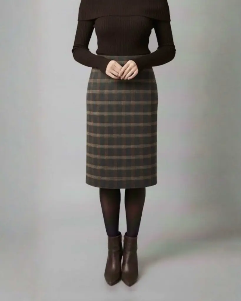Classic Wool Plaid Midi Skirt