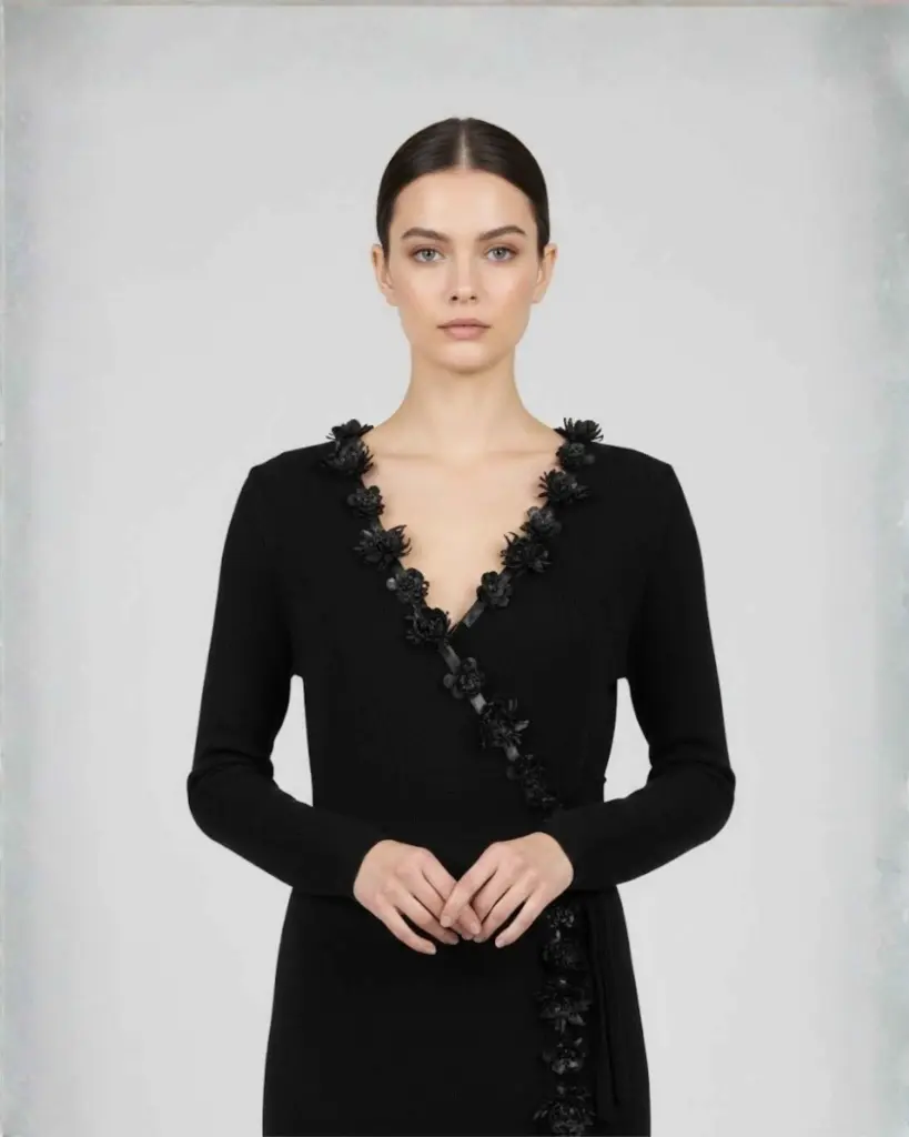 Black Floral Wrap Knit Dress       