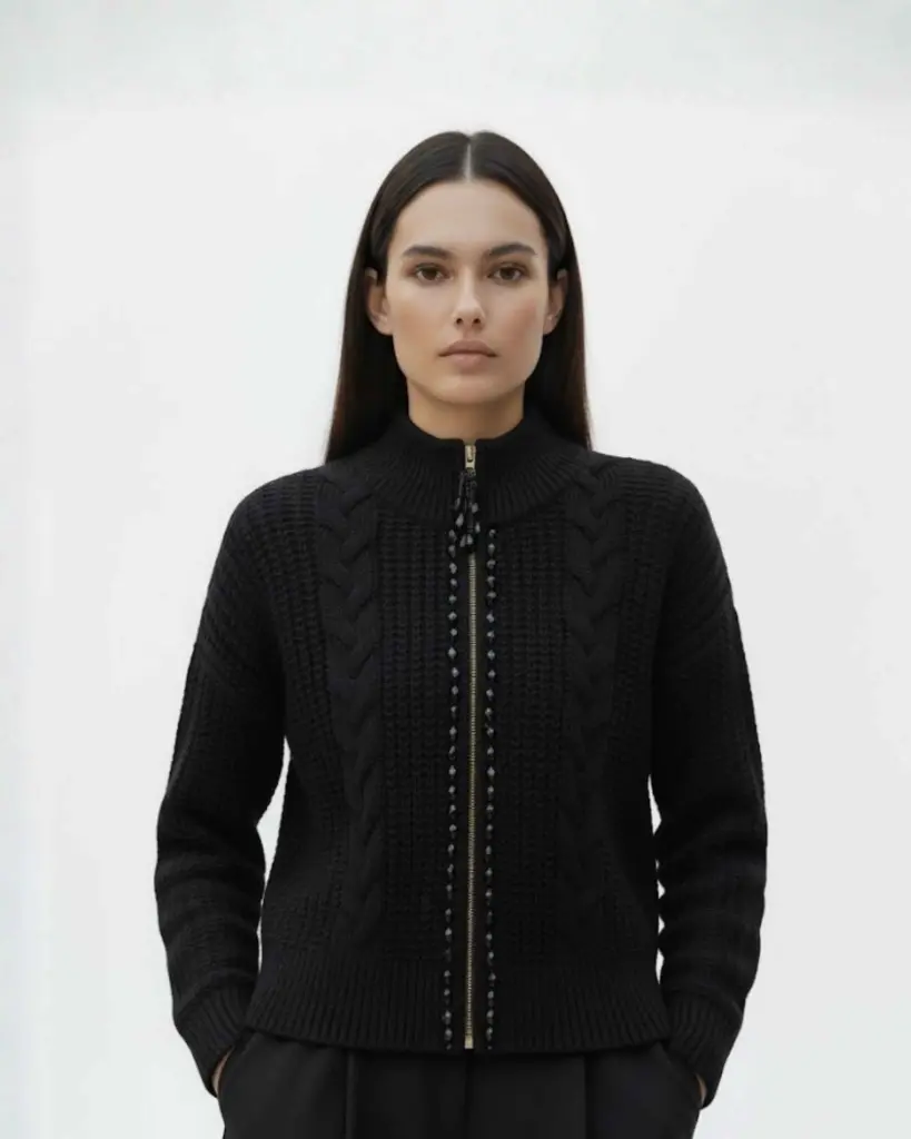 Black Cable Knit Bomber Cardigan        