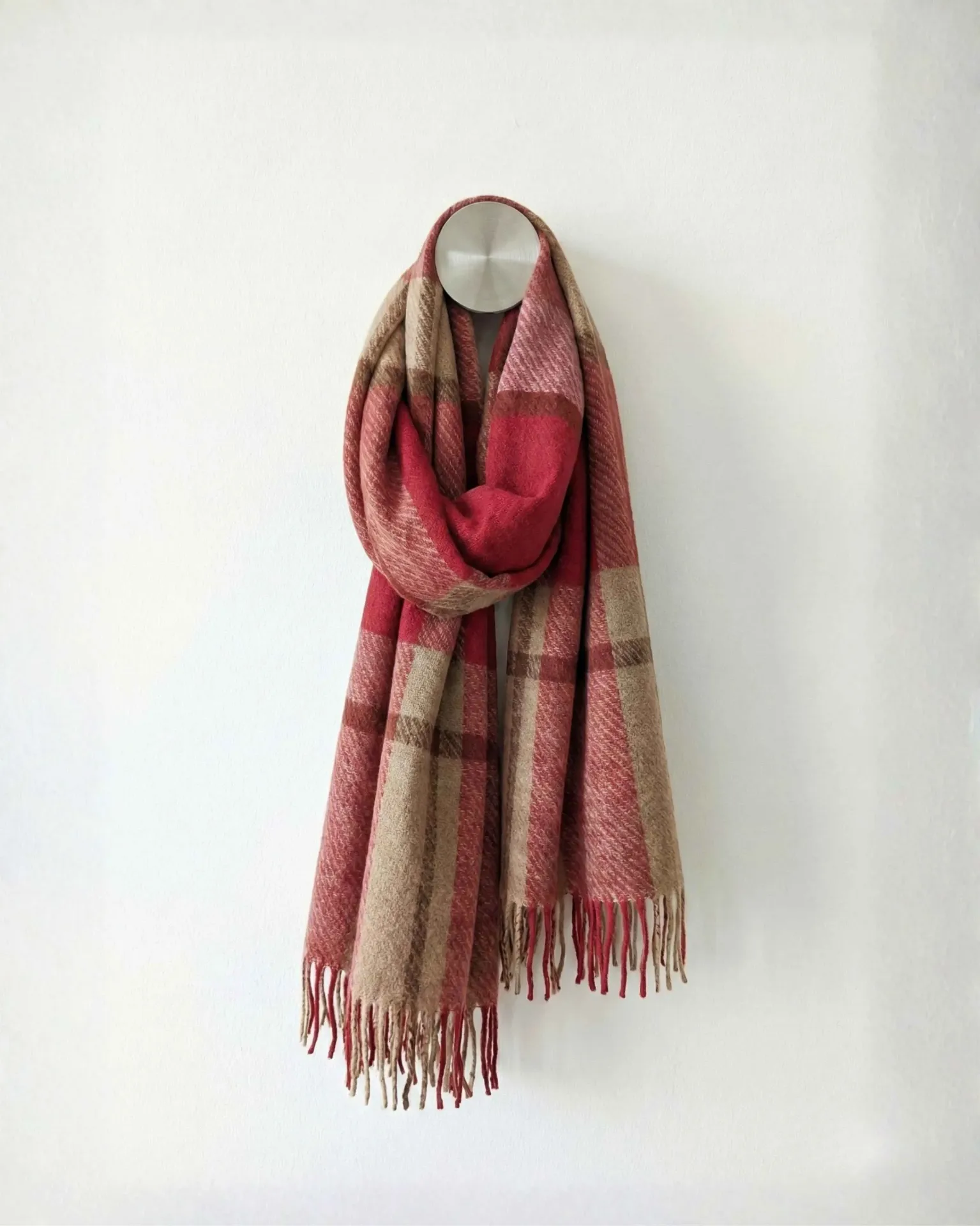 Red Check Mixed-Fabric Shawl