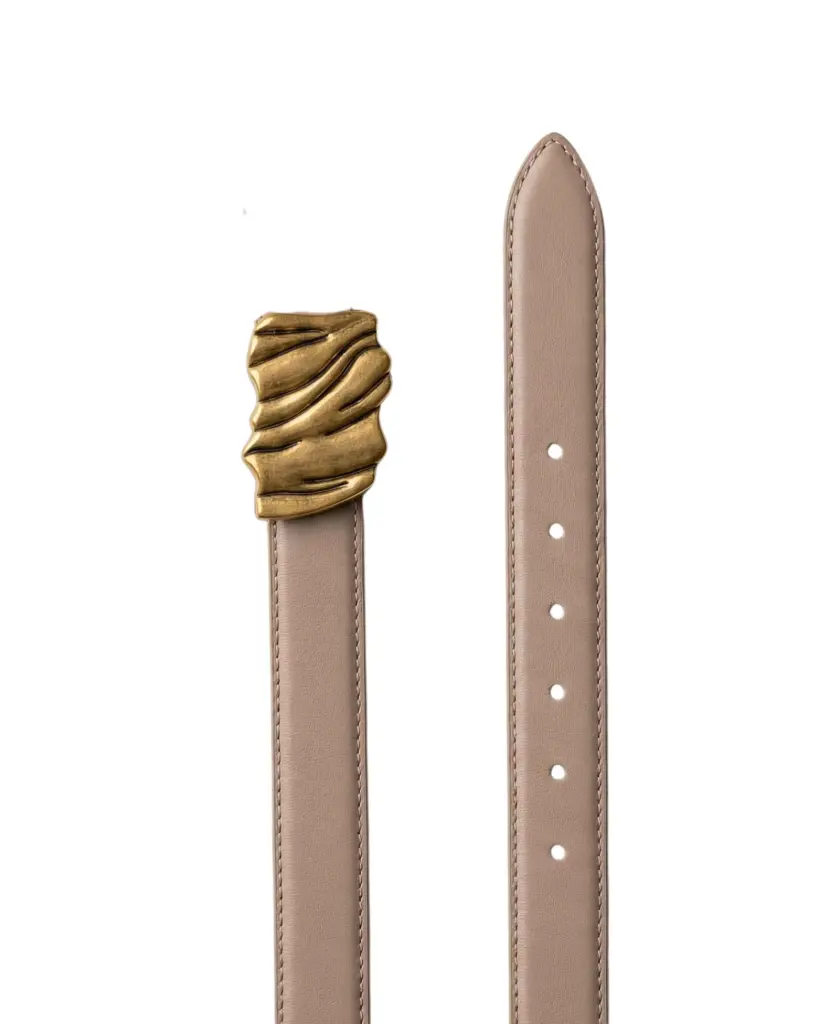Chic Nude Women’s Belt with Gold Wave-Textured Buckle